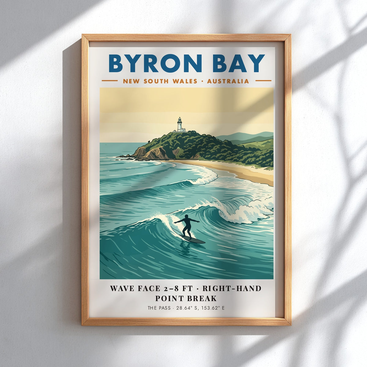 Poster featuring the Byron Bay lighthouse above a surfer riding a blue wave.