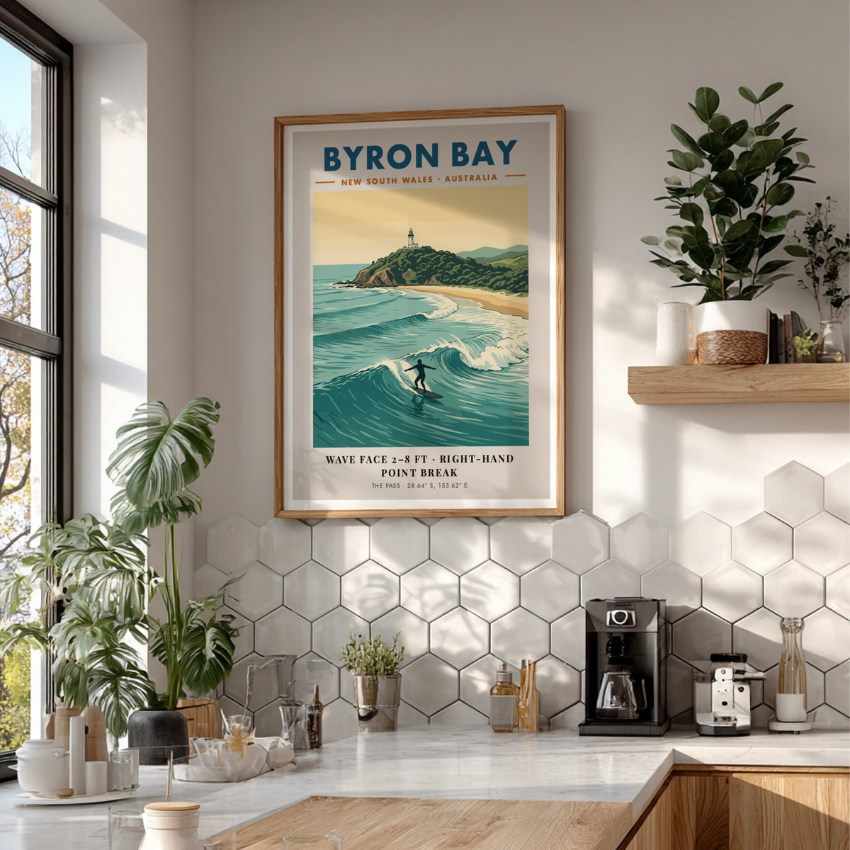 Poster featuring the Byron Bay lighthouse above a surfer riding a blue wave.