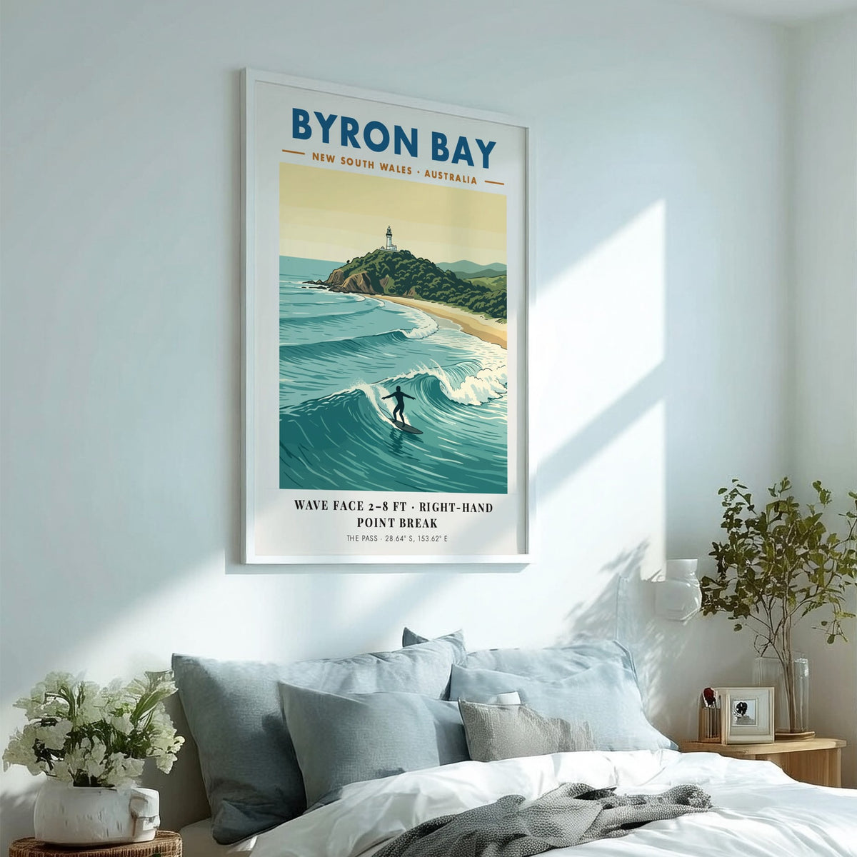 Poster featuring the Byron Bay lighthouse above a surfer riding a blue wave.