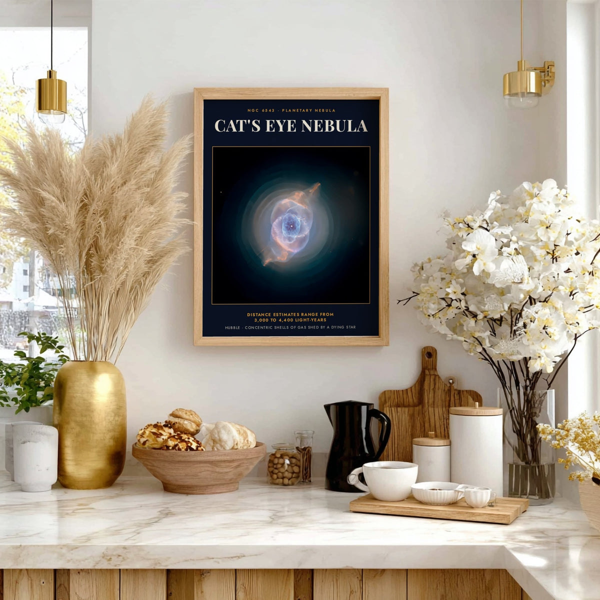 Poster displaying the Cat's Eye Nebula with glowing blue and orange gas clouds