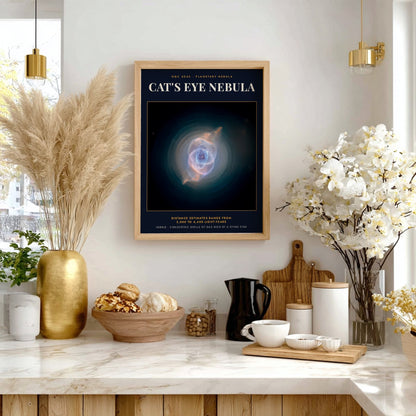 Poster displaying the Cat's Eye Nebula with glowing blue and orange gas clouds