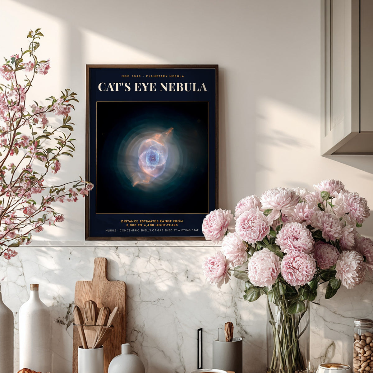 Poster displaying the Cat's Eye Nebula with glowing blue and orange gas clouds