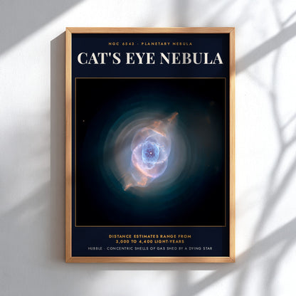 Poster displaying the Cat's Eye Nebula with glowing blue and orange gas clouds