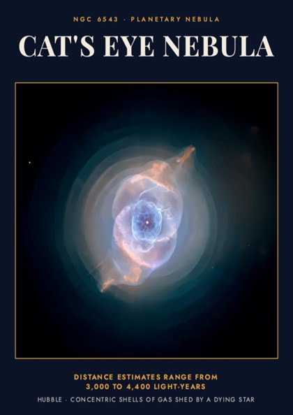 Poster displaying the Cat's Eye Nebula with glowing blue and orange gas clouds