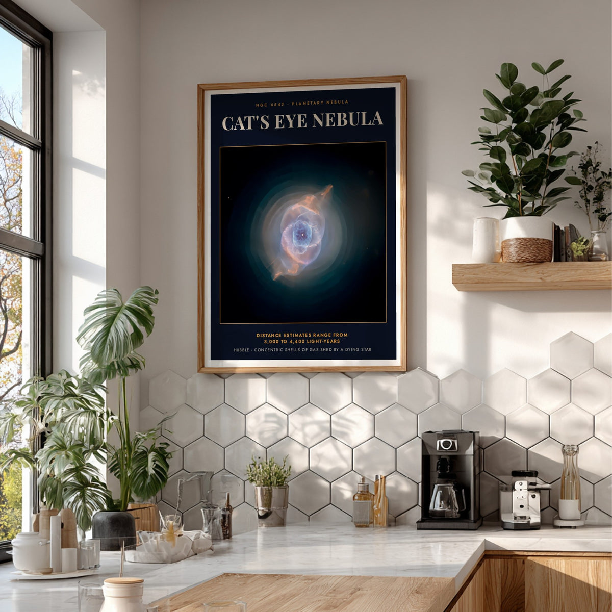 Poster displaying the Cat's Eye Nebula with glowing blue and orange gas clouds
