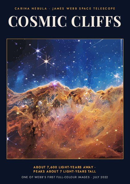Poster displaying the Cosmic Cliffs of the Carina Nebula with golden pillars and stars