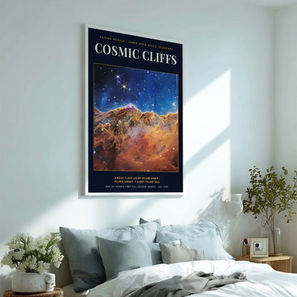 Poster displaying the Cosmic Cliffs of the Carina Nebula with golden pillars and stars