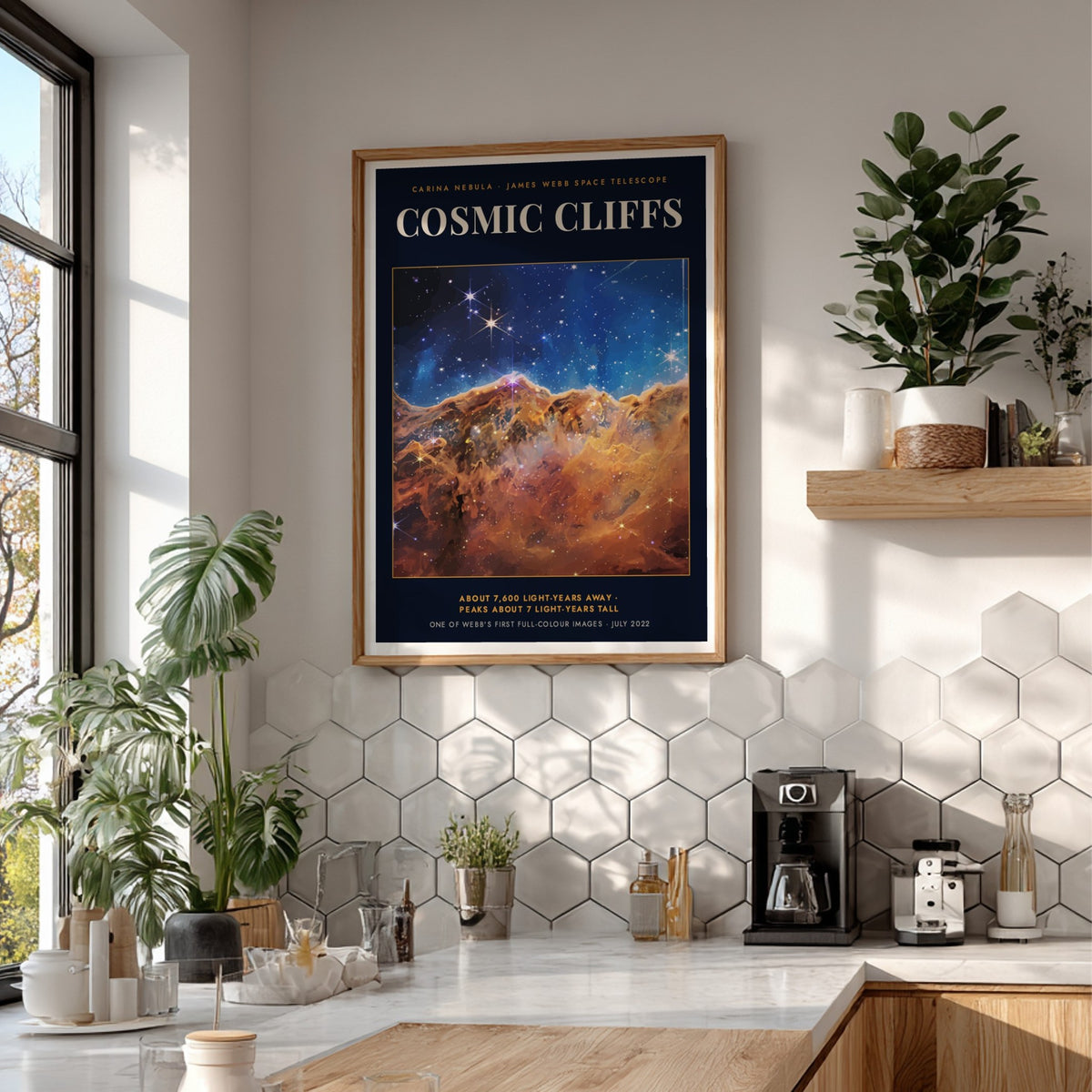 Poster displaying the Cosmic Cliffs of the Carina Nebula with golden pillars and stars