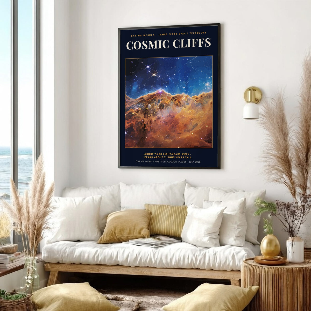 Poster displaying the Cosmic Cliffs of the Carina Nebula with golden pillars and stars