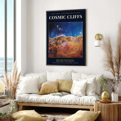 Poster displaying the Cosmic Cliffs of the Carina Nebula with golden pillars and stars