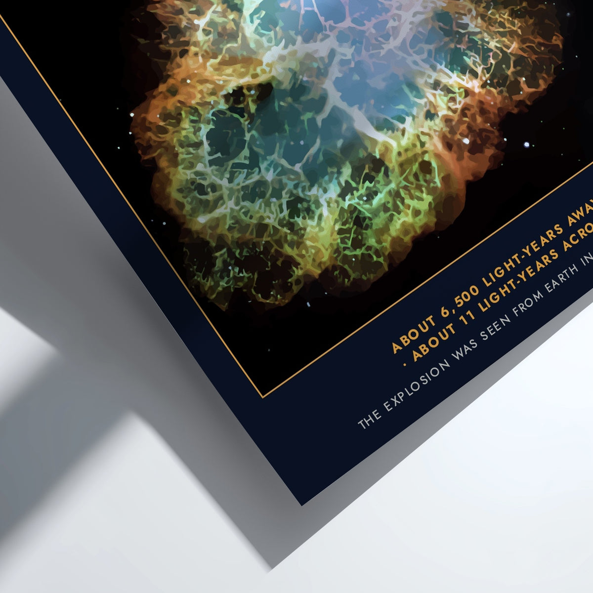 Crab Nebula poster featuring glowing teal and amber filaments against a deep black background.