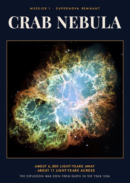 Crab Nebula poster featuring glowing teal and amber filaments against a deep black background.