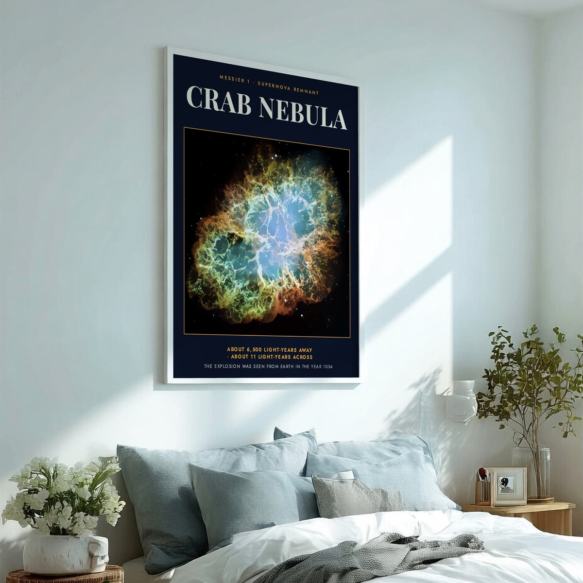Crab Nebula poster featuring glowing teal and amber filaments against a deep black background.