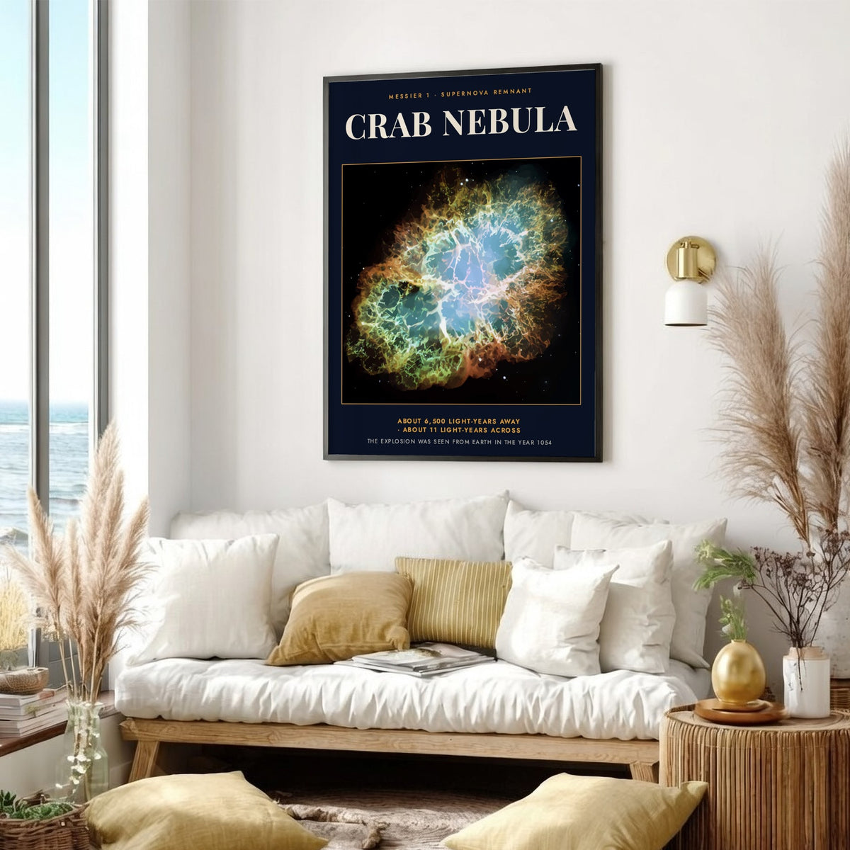 Crab Nebula poster featuring glowing teal and amber filaments against a deep black background.