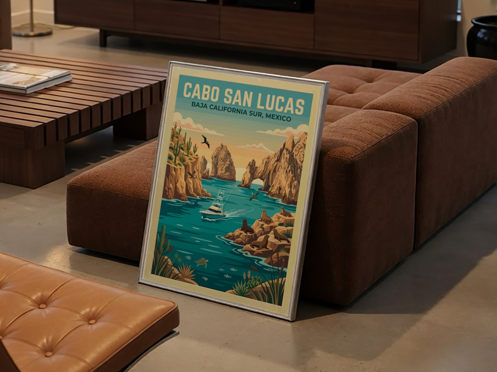 Travel poster of Cabo San Lucas featuring a boat, sea lions, and cacti.