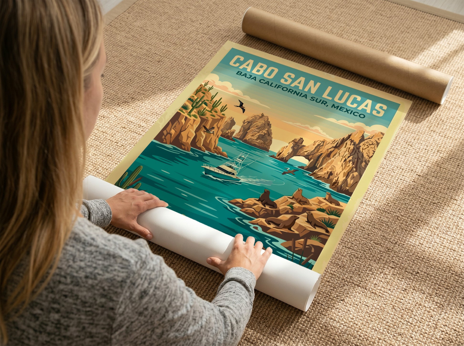Travel poster of Cabo San Lucas featuring a boat, sea lions, and cacti.