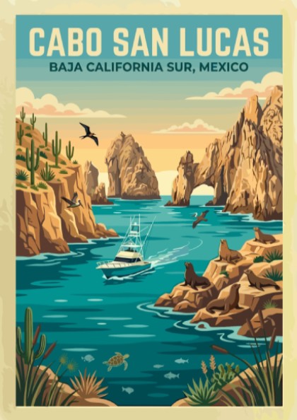 Travel poster of Cabo San Lucas featuring a boat, sea lions, and cacti.