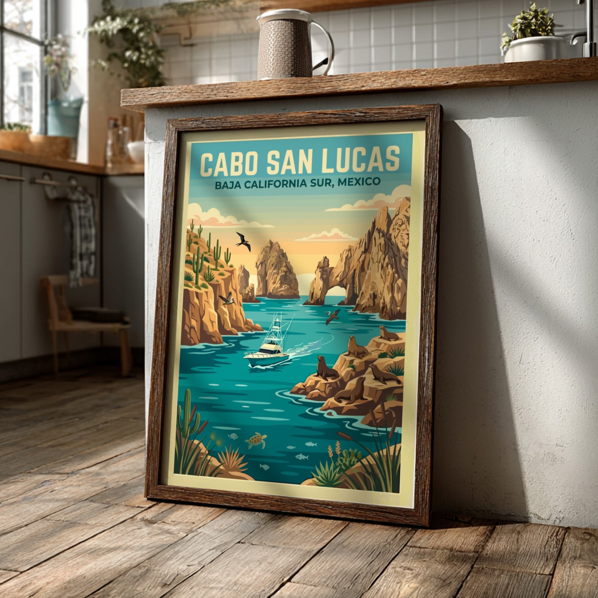Travel poster of Cabo San Lucas featuring a boat, sea lions, and cacti.