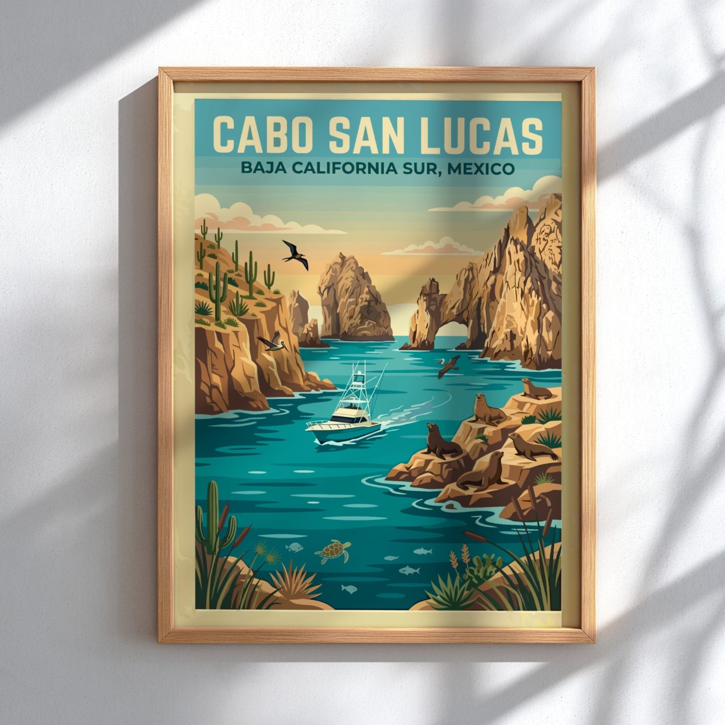 Travel poster of Cabo San Lucas featuring a boat, sea lions, and cacti.