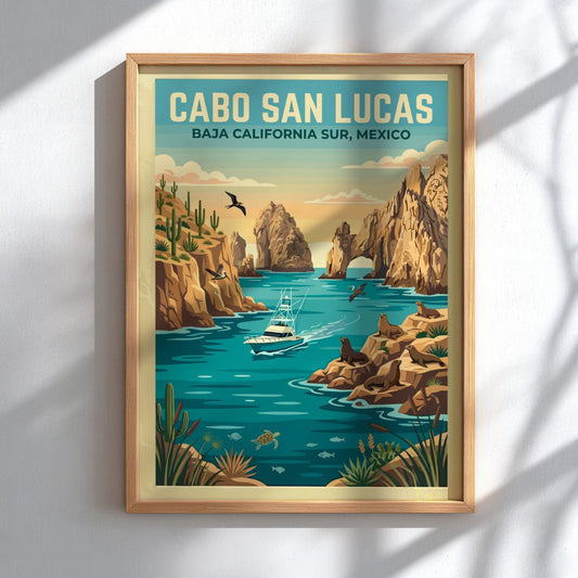 Travel poster of Cabo San Lucas featuring a boat, sea lions, and cacti.