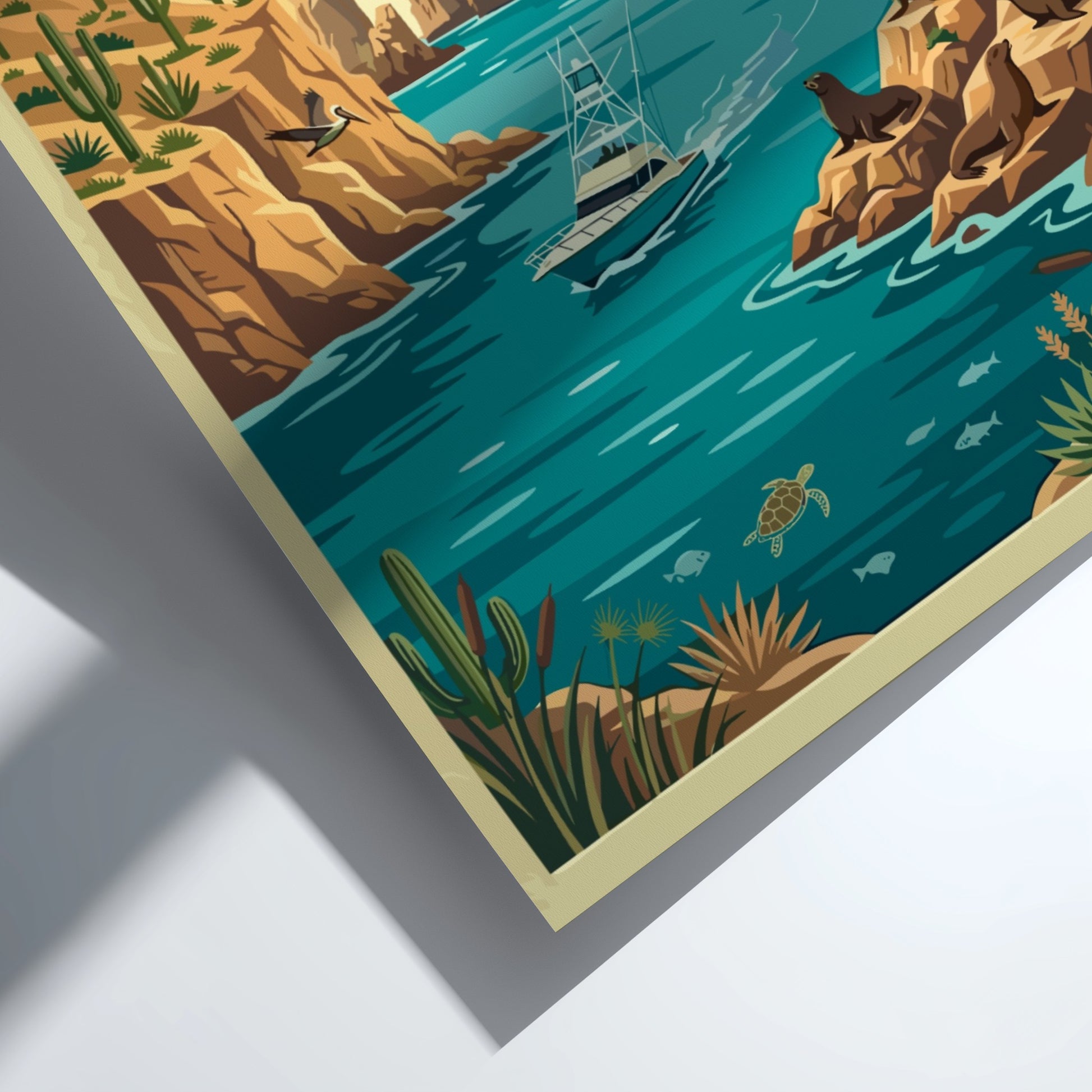 Travel poster of Cabo San Lucas featuring a boat, sea lions, and cacti.