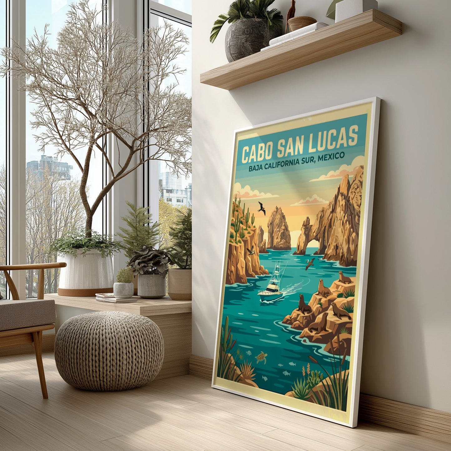 Travel poster of Cabo San Lucas featuring a boat, sea lions, and cacti.