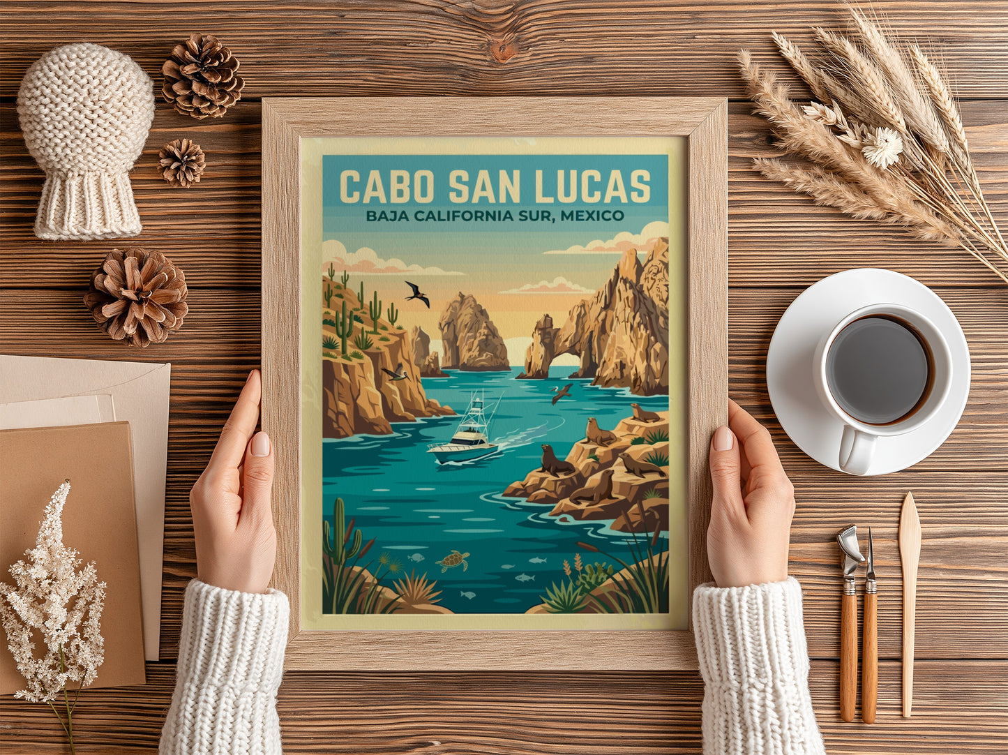 Travel poster of Cabo San Lucas featuring a boat, sea lions, and cacti.