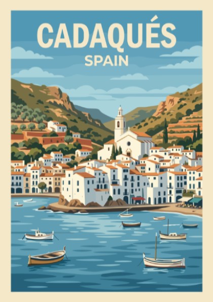Poster of Cadaqués Spain featuring white buildings, a church, and boats on water.