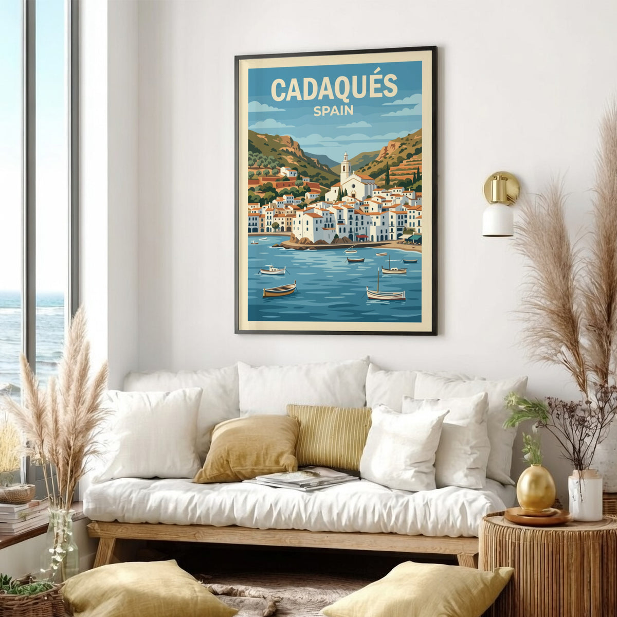 Poster of Cadaqués Spain featuring white buildings, a church, and boats on water.