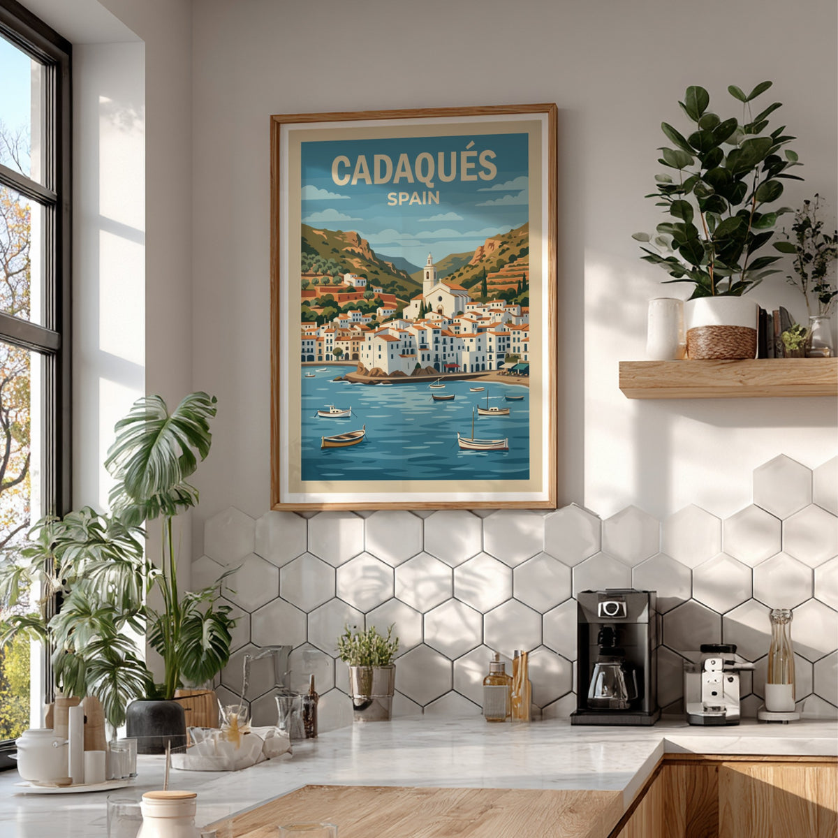 Poster of Cadaqués Spain featuring white buildings, a church, and boats on water.