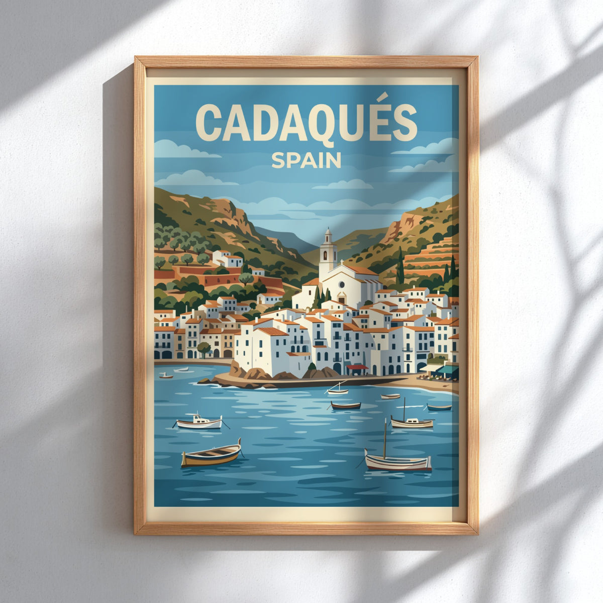 Poster of Cadaqués Spain featuring white buildings, a church, and boats on water.