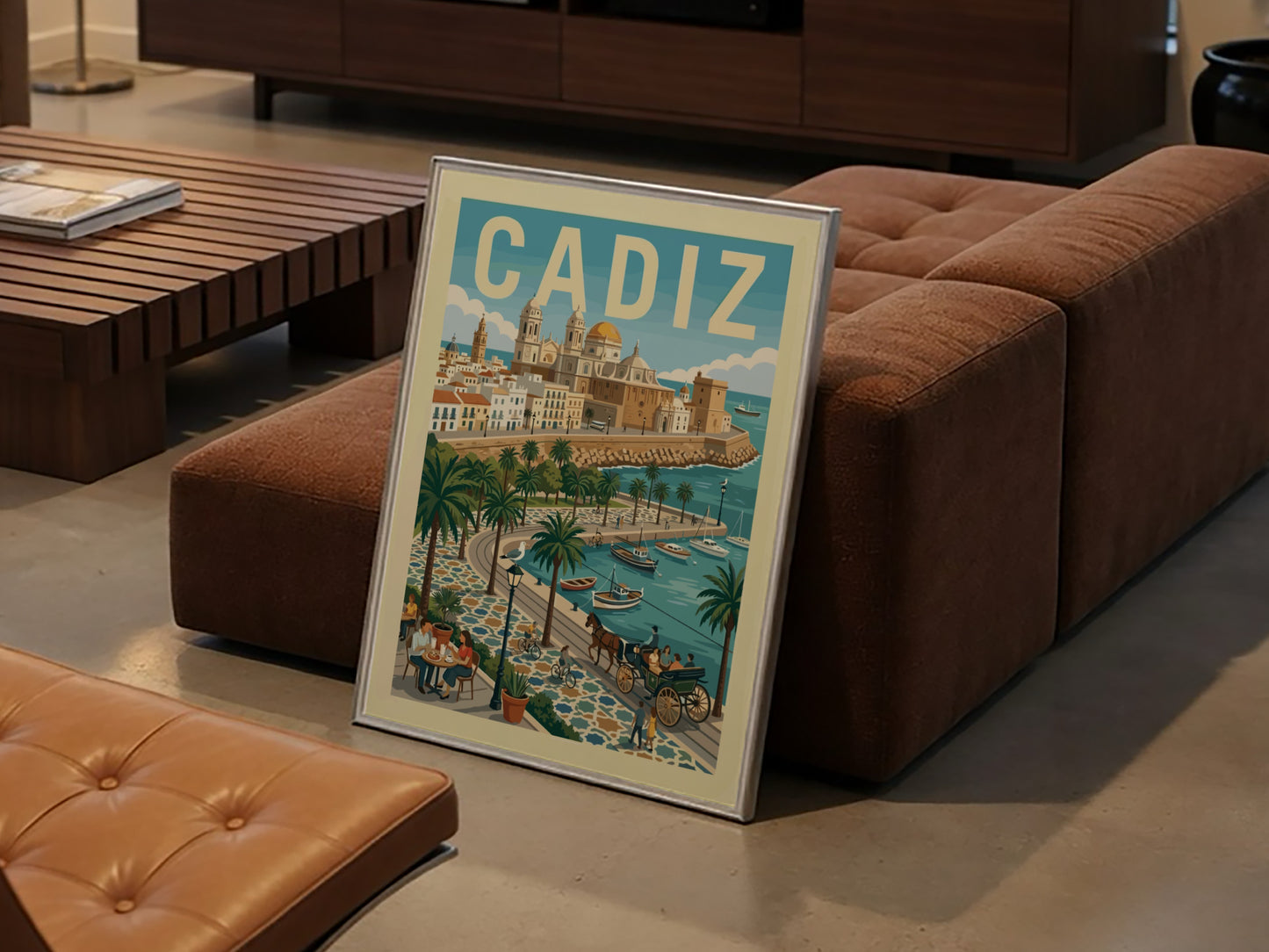 Vintage travel poster of Cadiz, Spain, featuring the city's cathedral and coastal promenade with palm trees.
