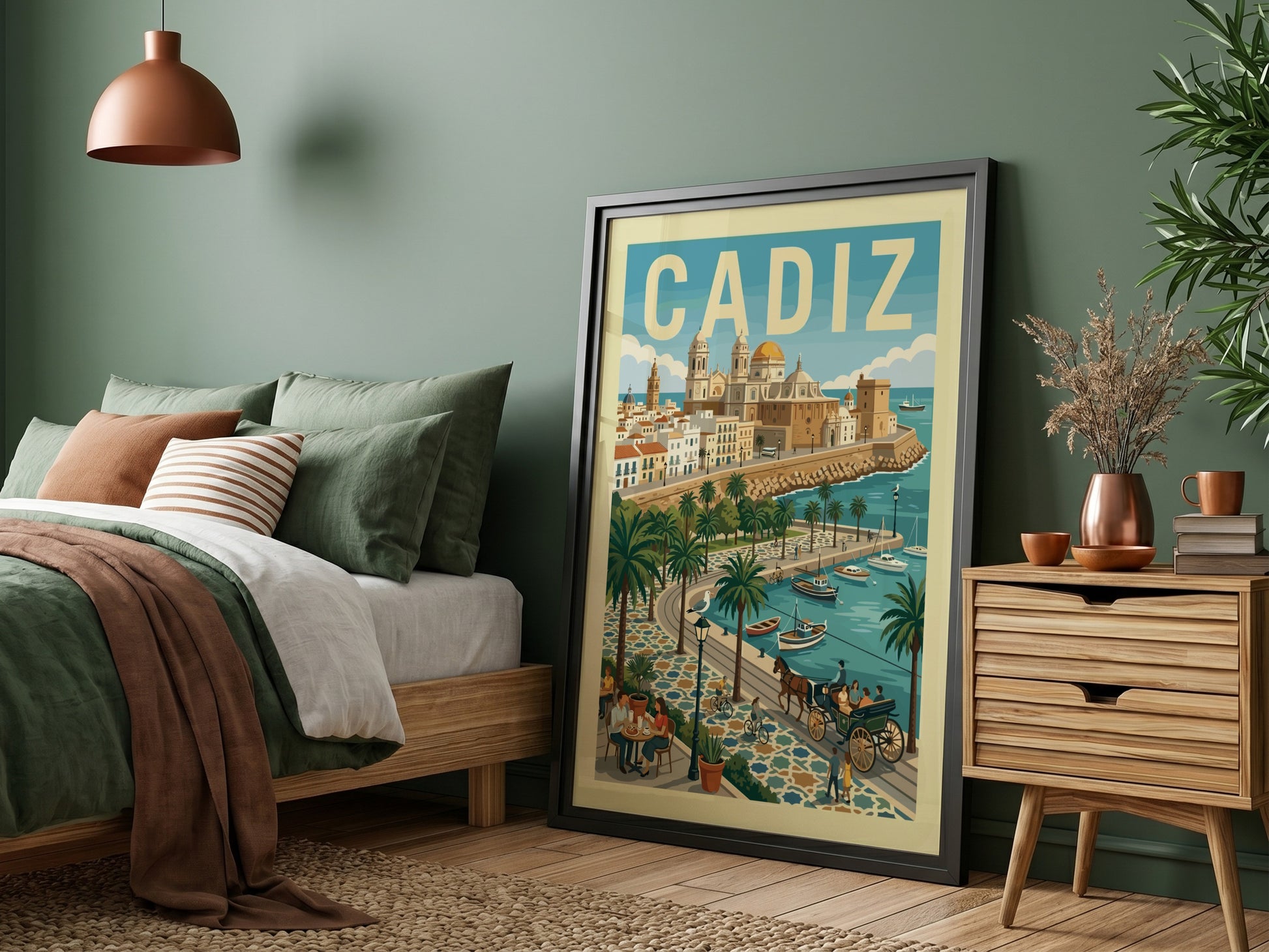Vintage travel poster of Cadiz, Spain, featuring the city's cathedral and coastal promenade with palm trees.