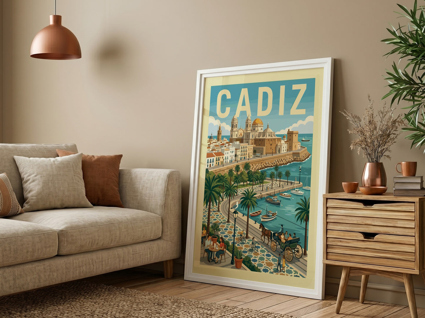 Vintage travel poster of Cadiz, Spain, featuring the city's cathedral and coastal promenade with palm trees.