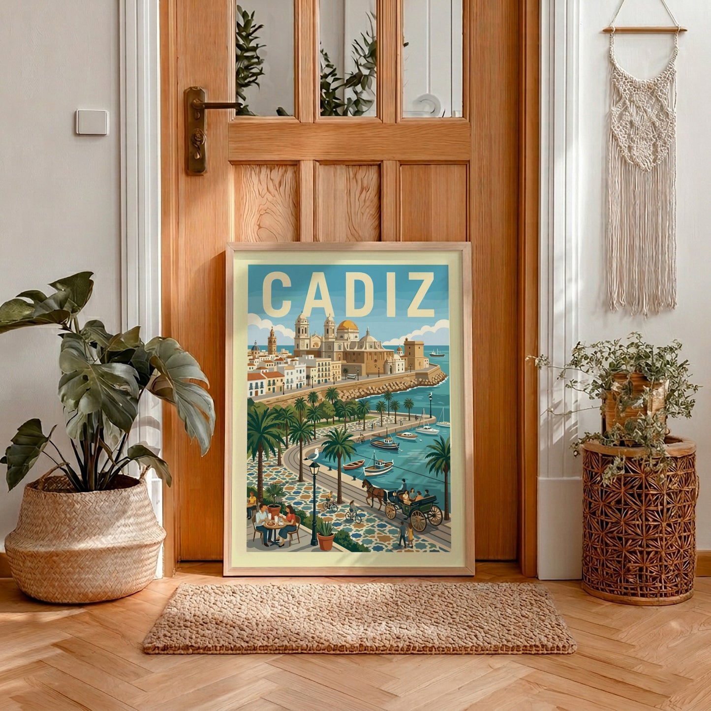 Vintage travel poster of Cadiz, Spain, featuring the city's cathedral and coastal promenade with palm trees.