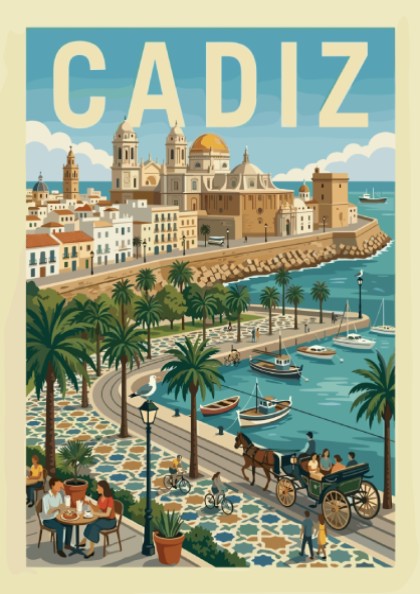 Vintage travel poster of Cadiz, Spain, featuring the city's cathedral and coastal promenade with palm trees.