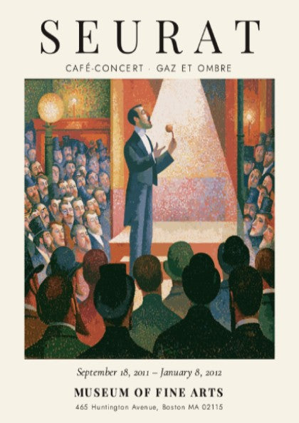 Seurat exhibition poster featuring vibrant colors and lively scene from Café-Concert - Gaz et Ombre