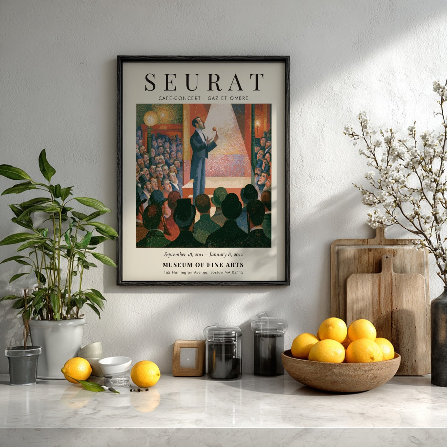 Seurat exhibition poster featuring vibrant colors and lively scene from Café-Concert - Gaz et Ombre