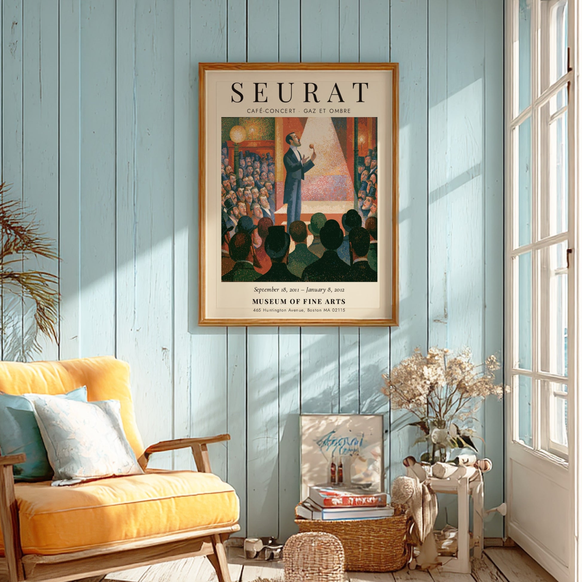 Seurat exhibition poster featuring vibrant colors and lively scene from Café-Concert - Gaz et Ombre