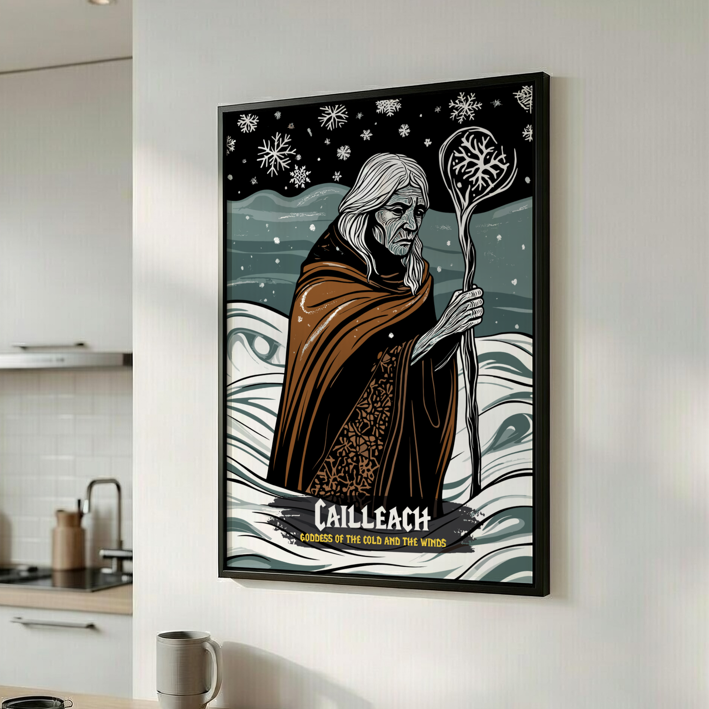 Framed artwork of a character with a staff in a kitchen setting