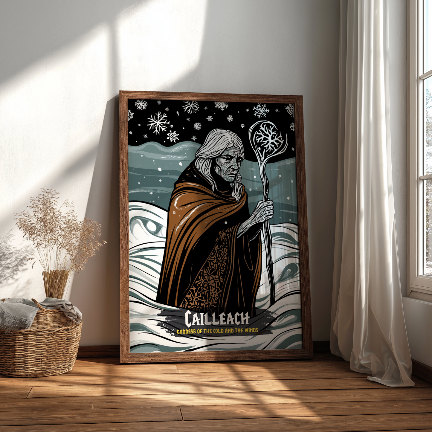 Framed artwork of a character named 'Cailleach' in a room with sunlight streaming through a window.