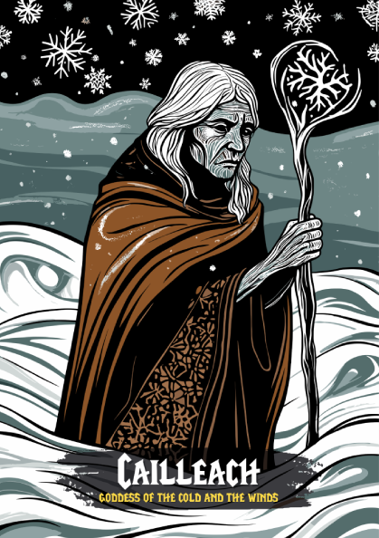 Illustration of a figure named Cailleach, goddess of the cold and the winds, holding a staff with snowflake design against a snowy landscape.