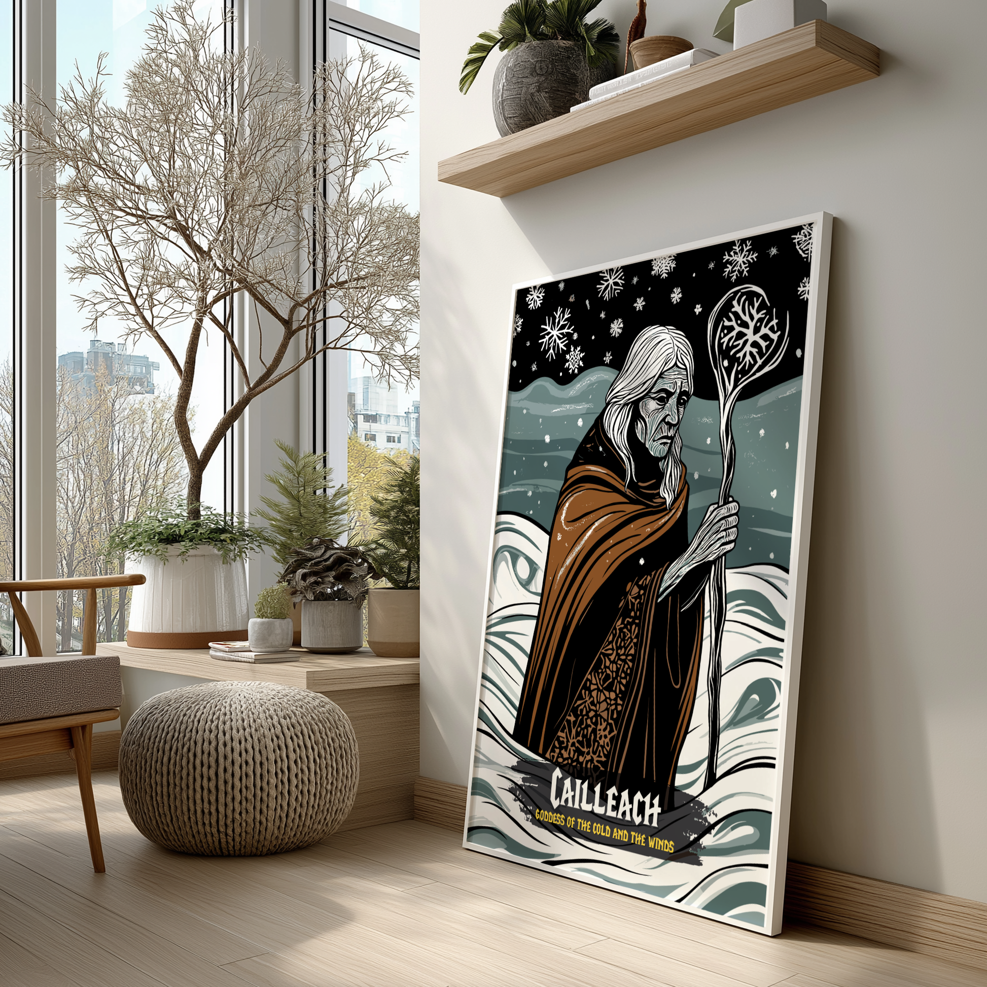 Decorative poster of a character named 'Cailleach' in a modern living room with large windows and plants.