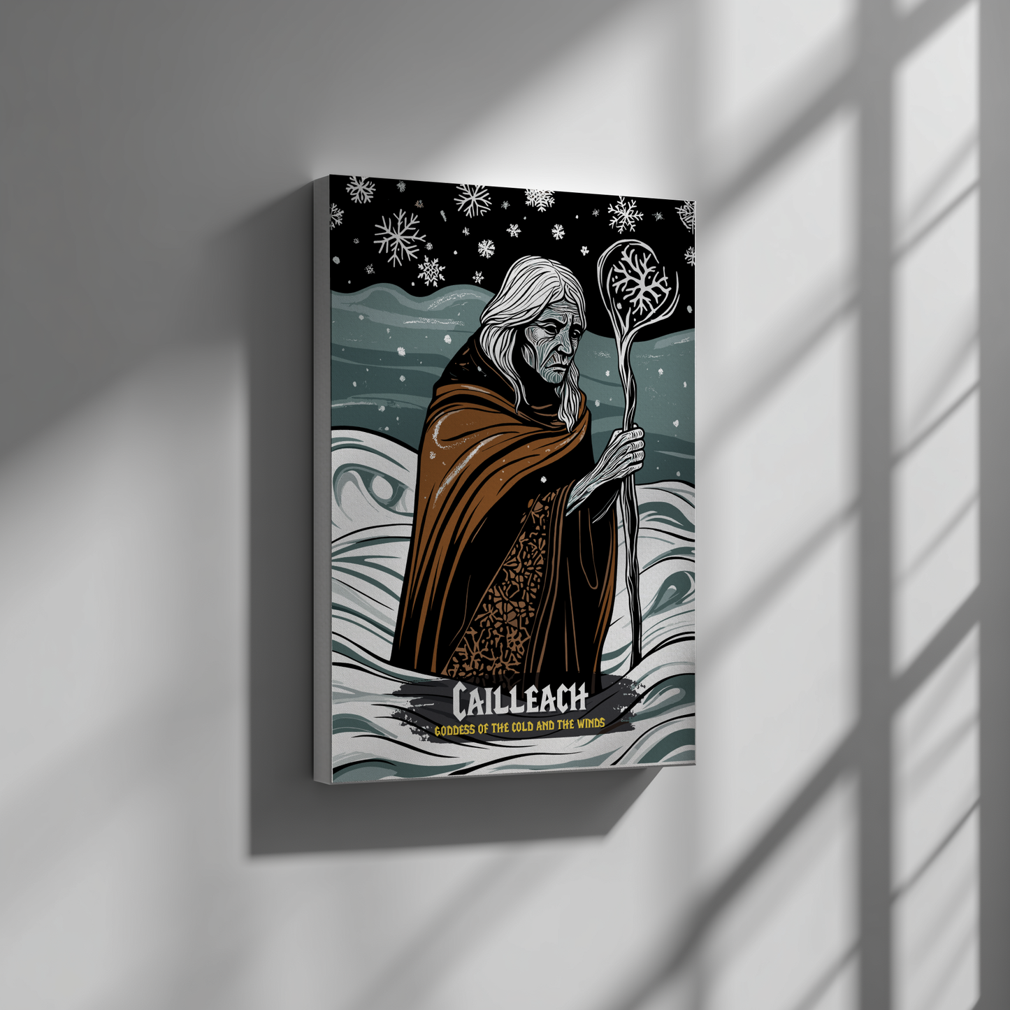 Canvas print of a character holding a staff against a snowy landscape, with 'Gailleach' branding.
