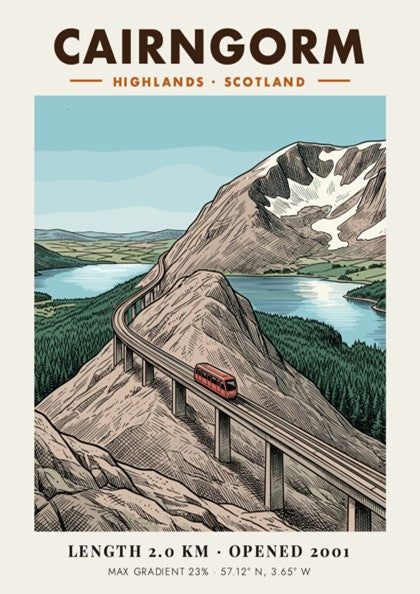 Poster of a red train on a viaduct in the Cairngorm Highlands Scotland.