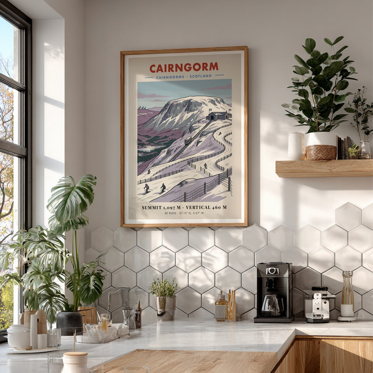Poster of Cairngorm mountain in Scotland featuring a funicular railway and skiers skiing.