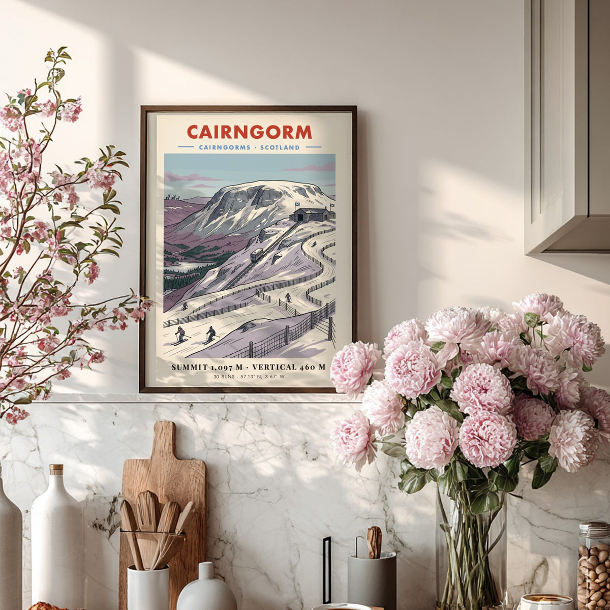 Poster of Cairngorm mountain in Scotland featuring a funicular railway and skiers skiing.
