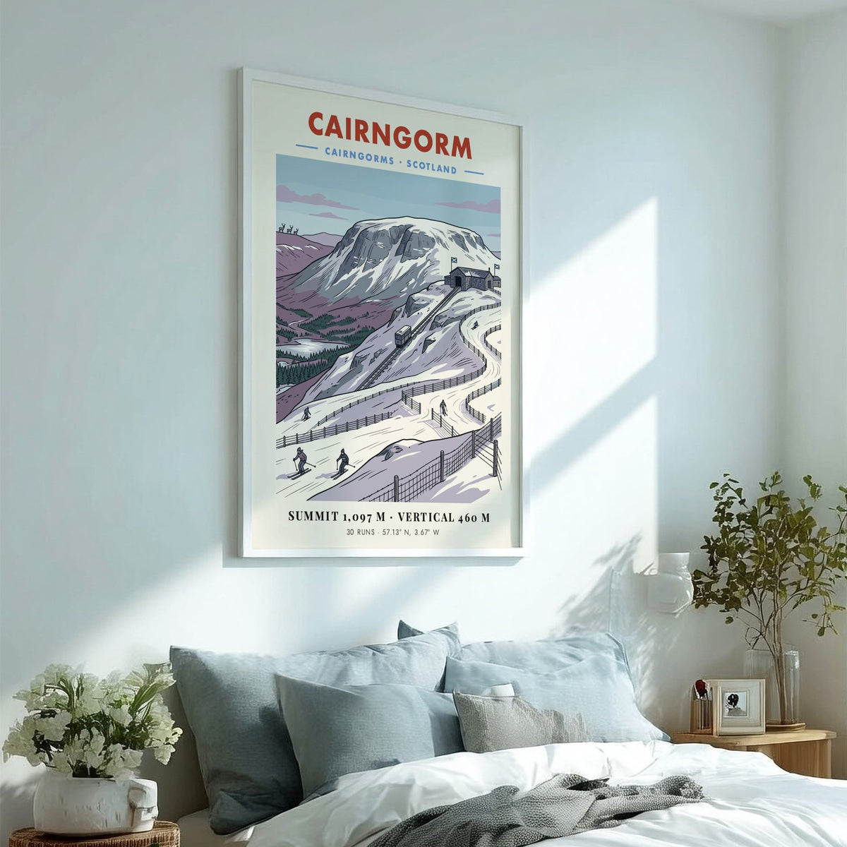 Poster of Cairngorm mountain in Scotland featuring a funicular railway and skiers skiing.