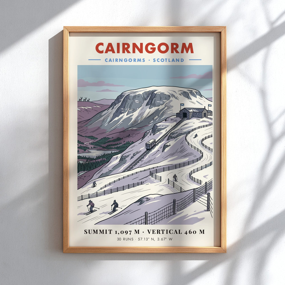 Poster of Cairngorm mountain in Scotland featuring a funicular railway and skiers skiing.