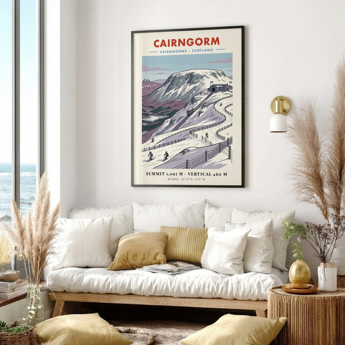 Poster of Cairngorm mountain in Scotland featuring a funicular railway and skiers skiing.
